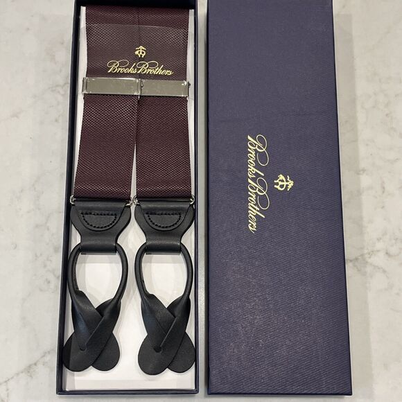 COPY - Brooks Brothers EXTRA LONG New Solid Maroon Nylon Leather Suspenders Sil…